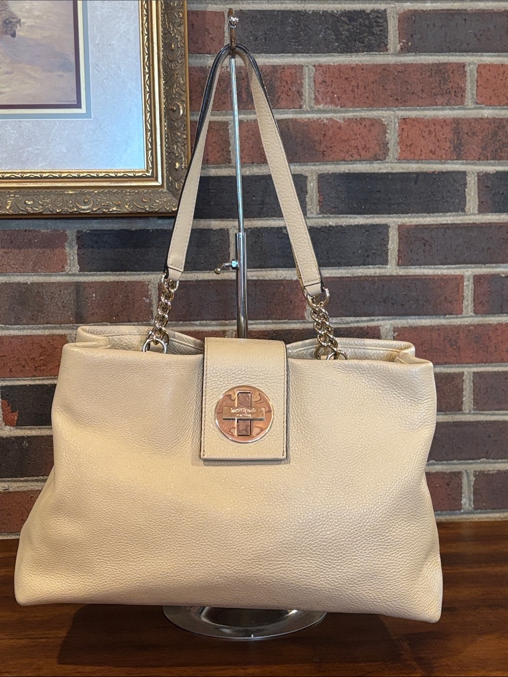Kate Spade Cream Pebbled Leather Shoulder Bag with Gold-Tone Logo Disc